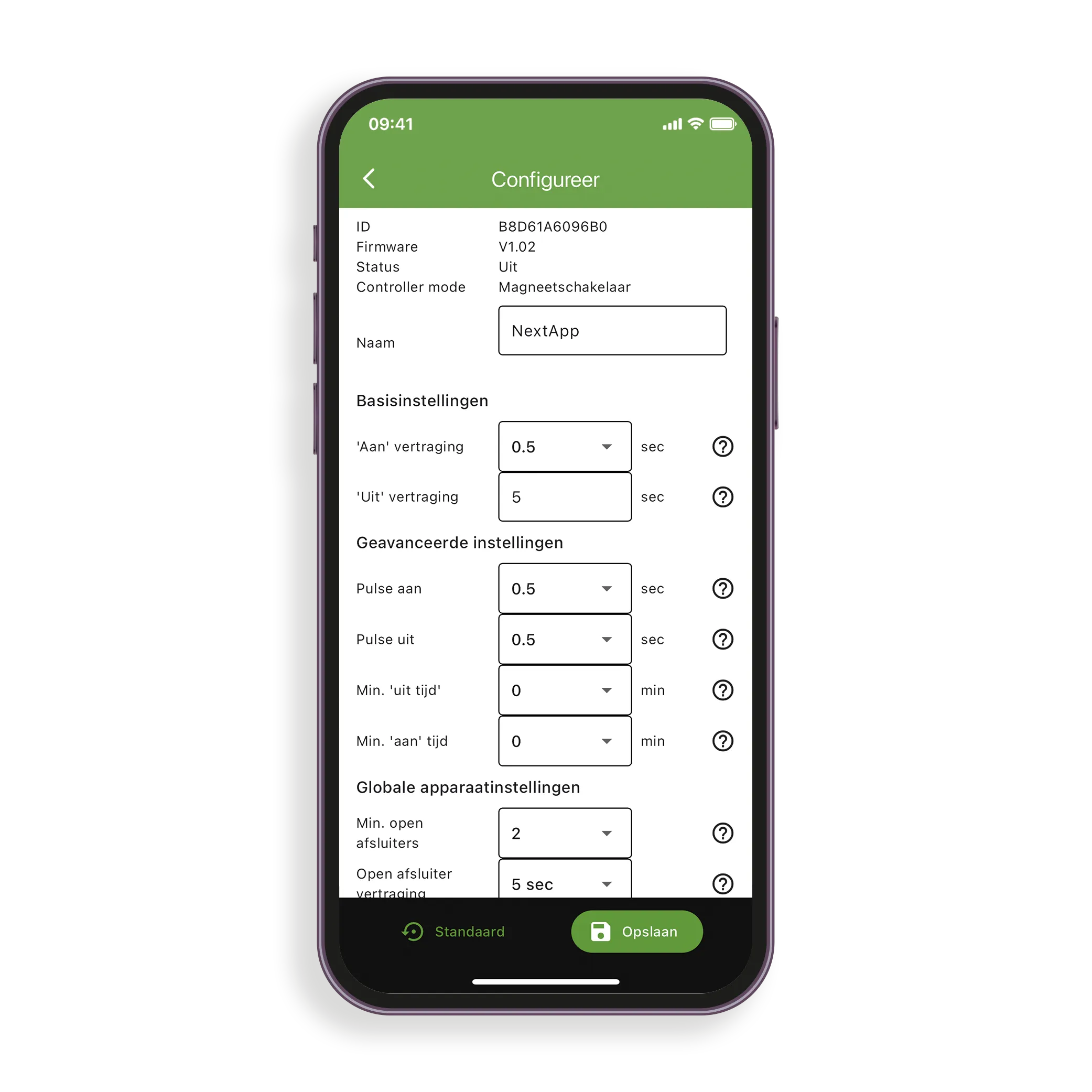 BlastGate SHUTR app — configuratiescherm voor de IoT afsluiter