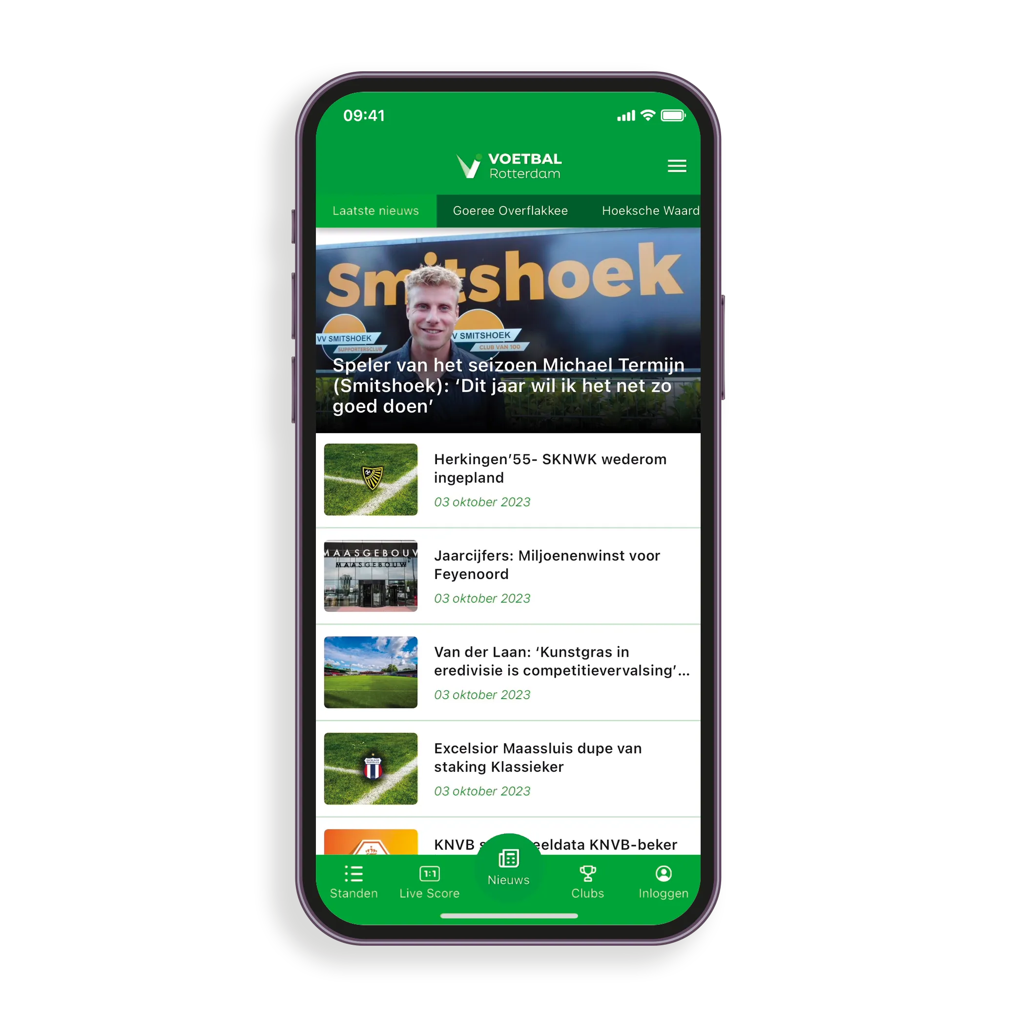 Voetbal Rotterdam app — home met clubnieuws en scores
