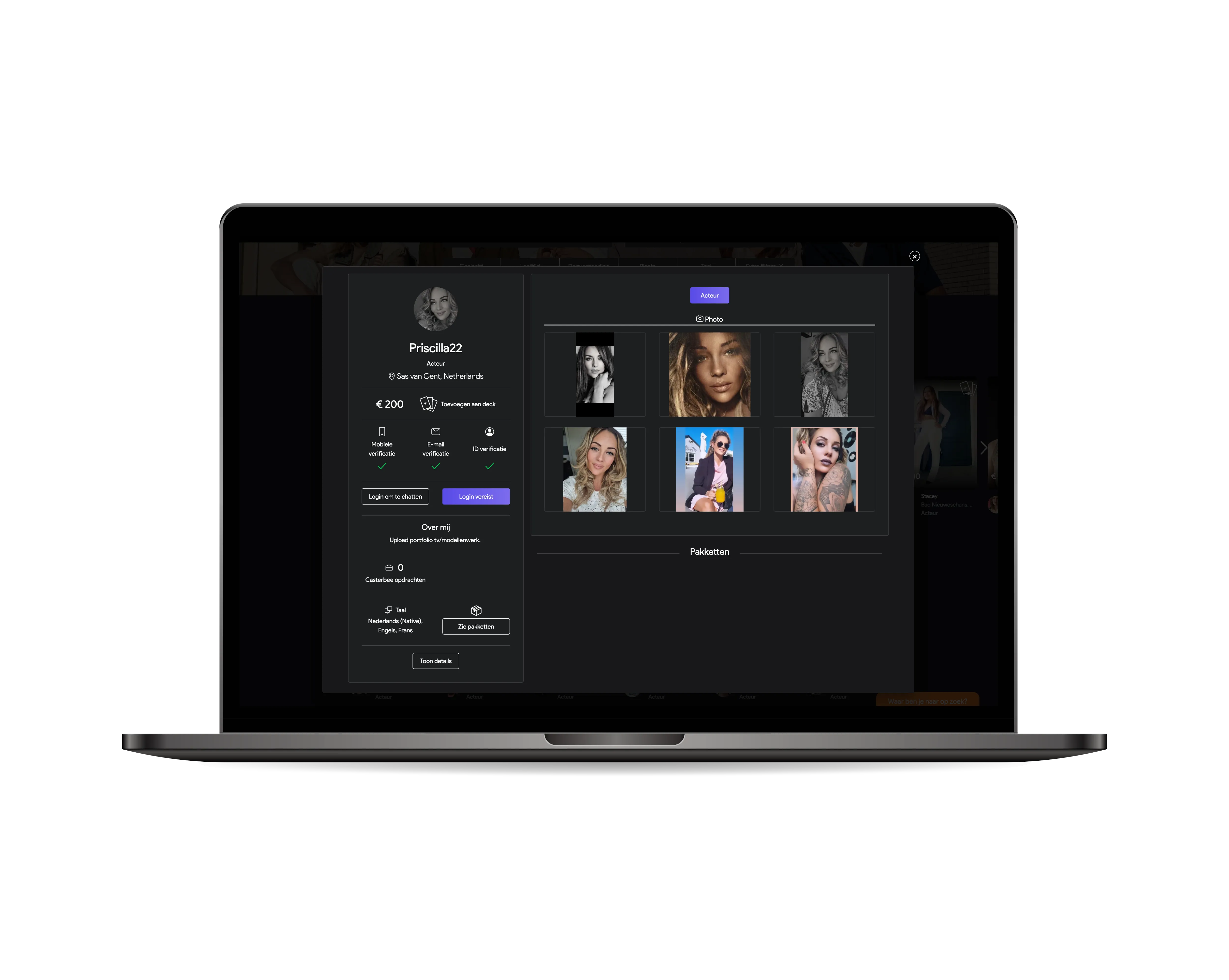 Casterbee boekingsplatform — talentprofiel met details en prijzen